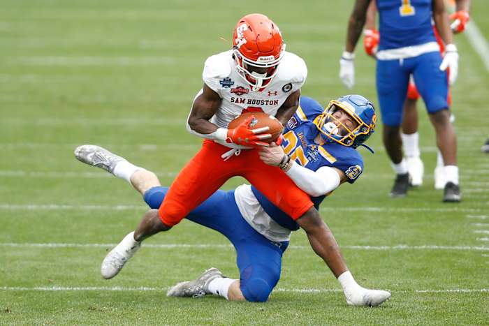 Sam Houston State Bearkats wide receiver Ife Adeyi (2) catches a pass against South Dakota State Jackrabbits safety Chase Norblade (35) during the Division I FCS Championship football game at Toyota Stadium
